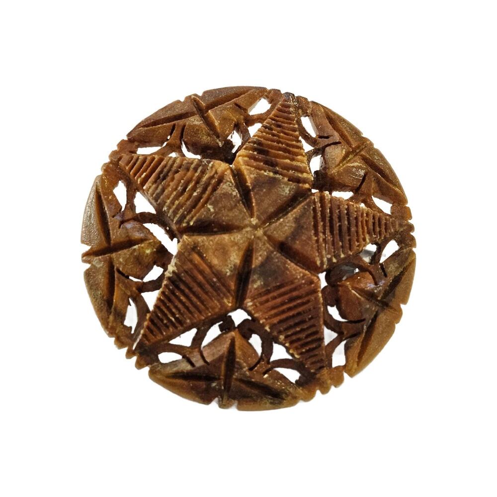 Vintage Olive Wood Carved Bethlehem Star Brooch, 2" Diameter